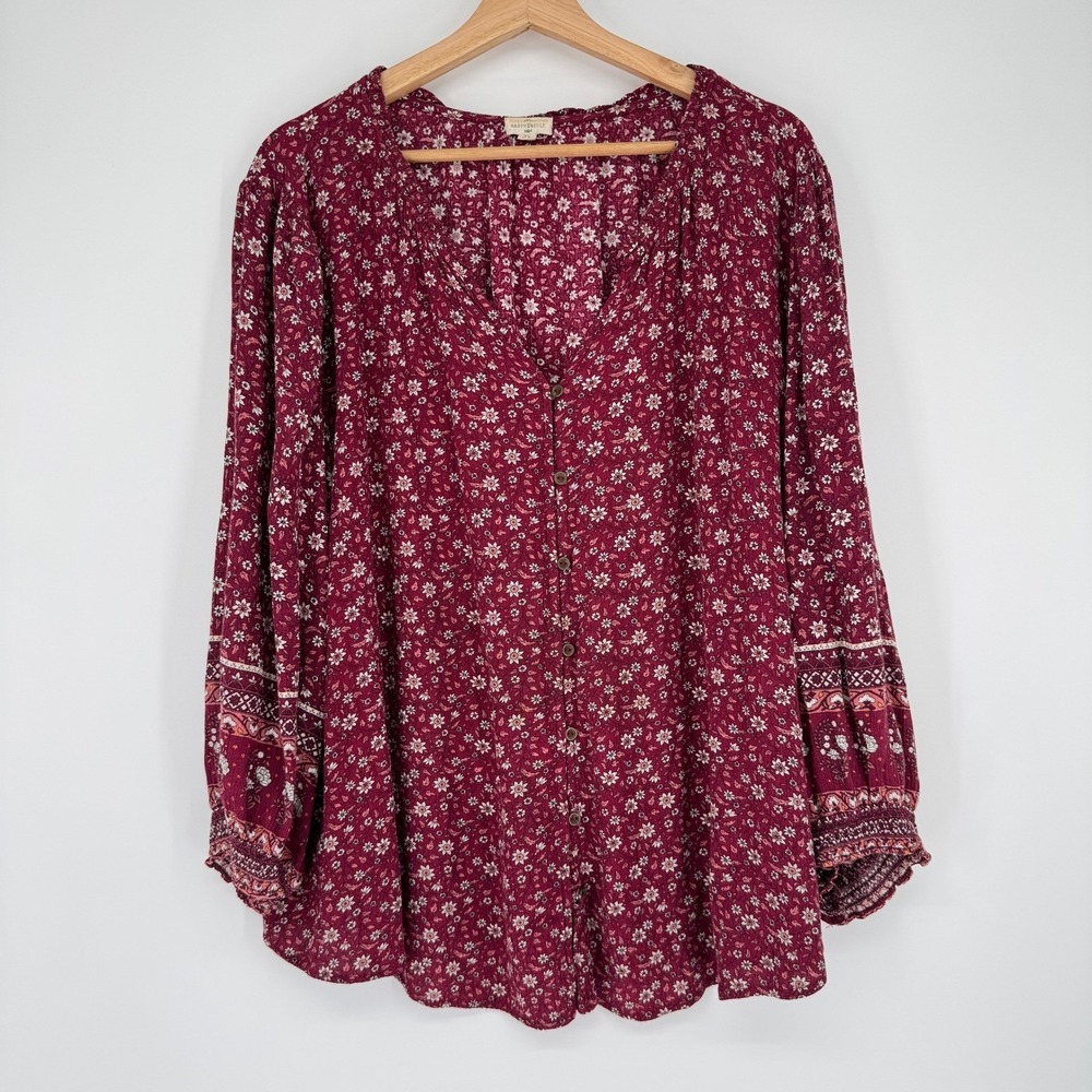 Mason & Belle Blouse 2X Red Floral Button Front Boho Cottagecore Peasant Top
